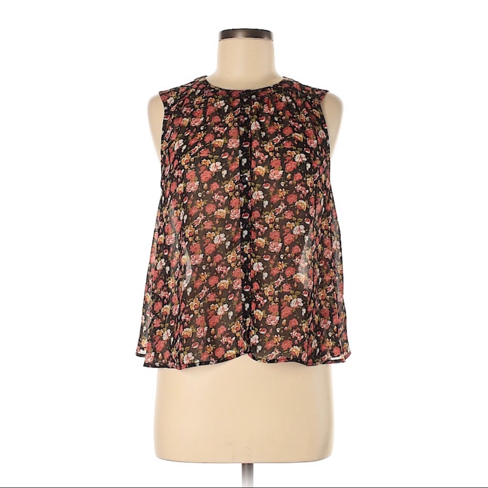 Express Button Down Floral Sleeveless Blouse Pink Relaxed Fit XS Black